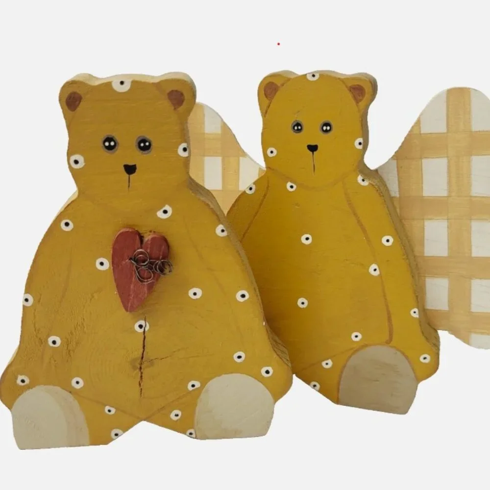 Two Vintage Handmade Folk Art Wooden Bears Angel Wings Heart Hand Painted polka.